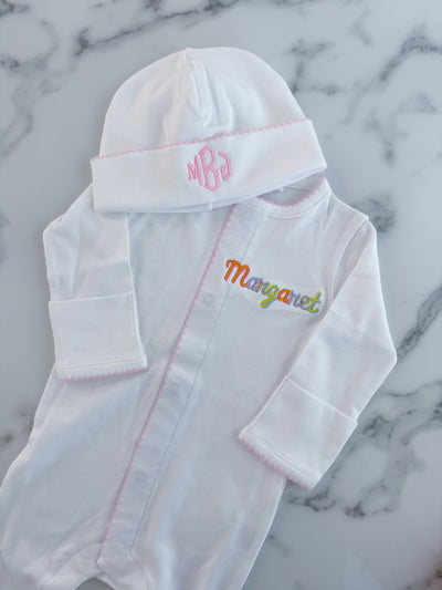 White Pima Footie (Pink and Blue Trim)