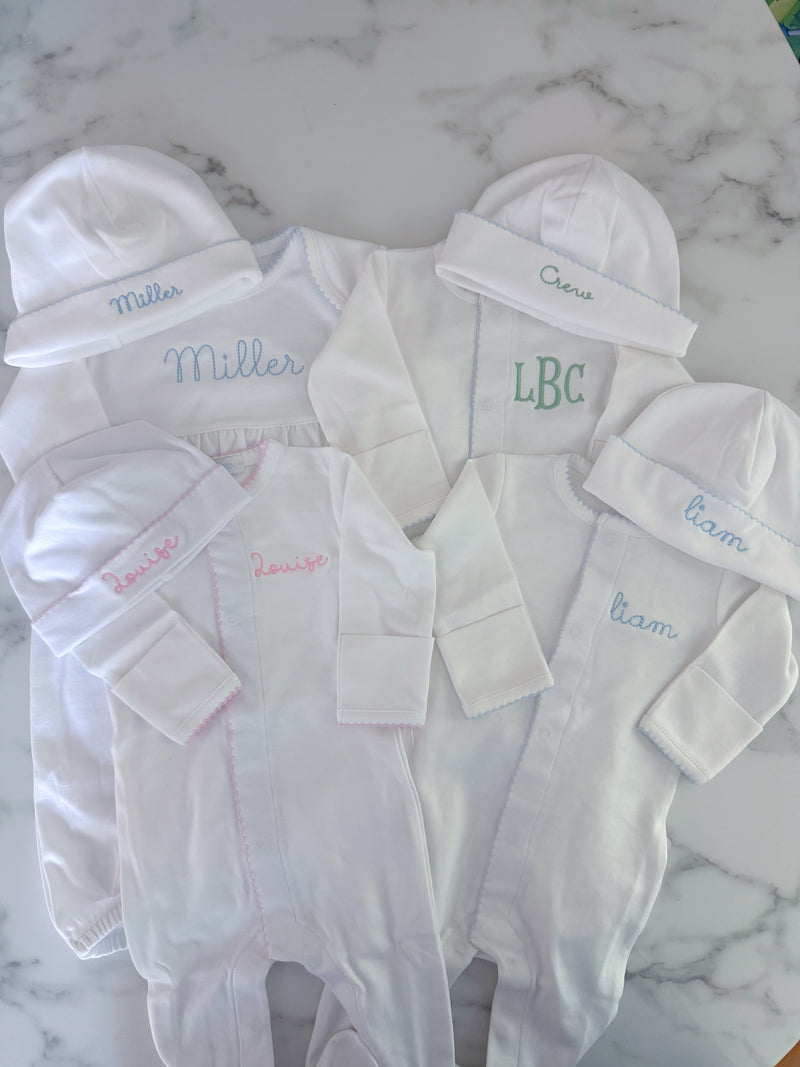White Pima Footie (Pink and Blue Trim)