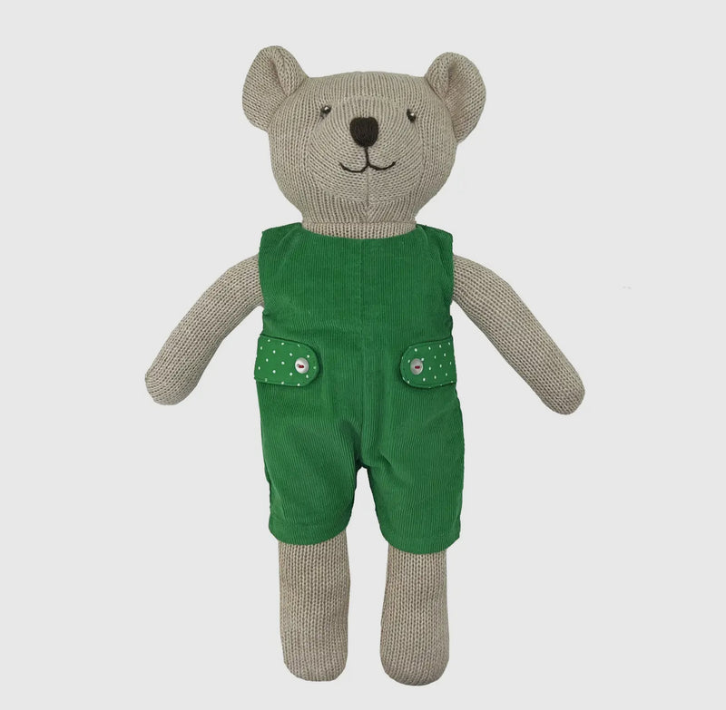 Knit Bear Doll with Green Corduroy Romper Monogrammed Outfit