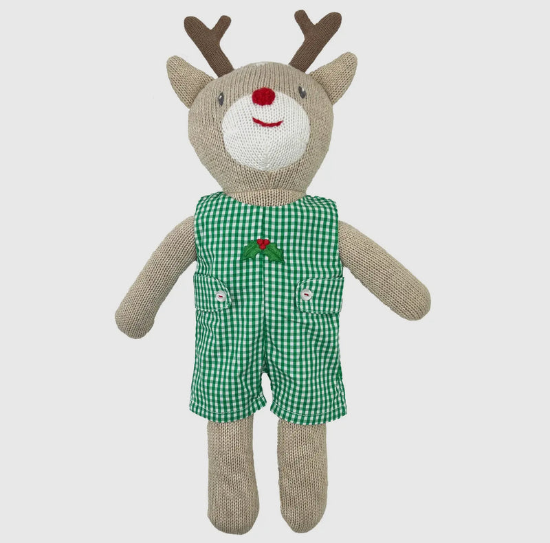Knit Reindeer Doll with Green Check Romper Monogrammed Outfit