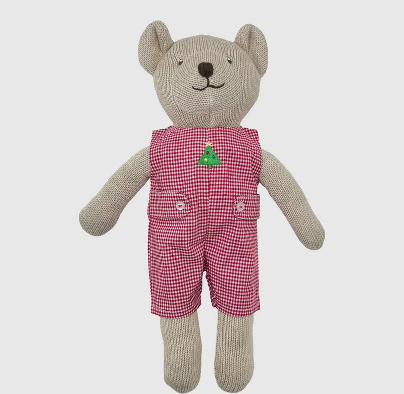 Knit Bear Doll with Red Check Romper Monogrammed Outfit