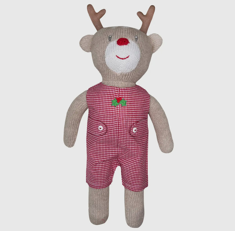 Knit Reindeer Doll with Red Check Romper Monogrammed Outfit