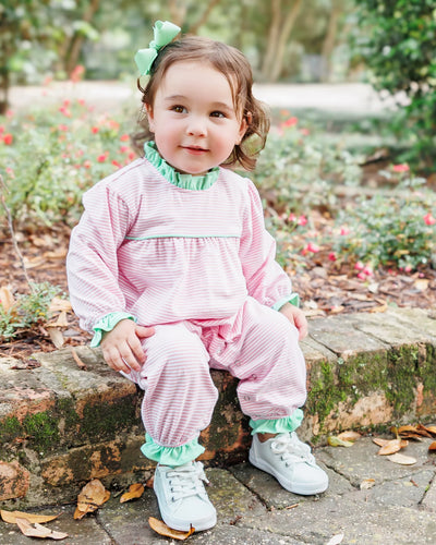 Annie Romper - Light Pink Stripe/Mint- 6 Months