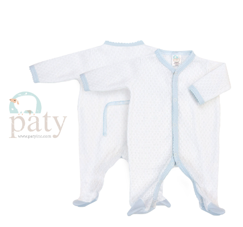 Paty Inc Blue Trim White Knit Longsleeve Footie, Faux Drop Seat