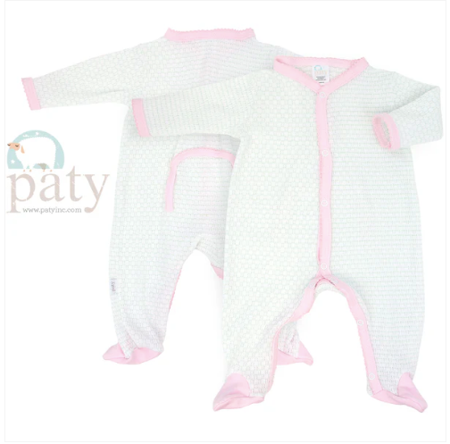 Paty Inc Pink Trim White Knit Longsleeve Footie, Faux Drop Seat