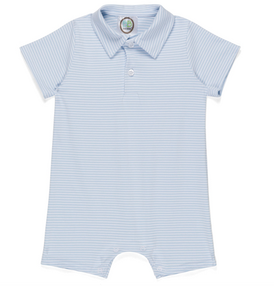 Boy's Short Sleeved Polo Style Collared Romper- Striped