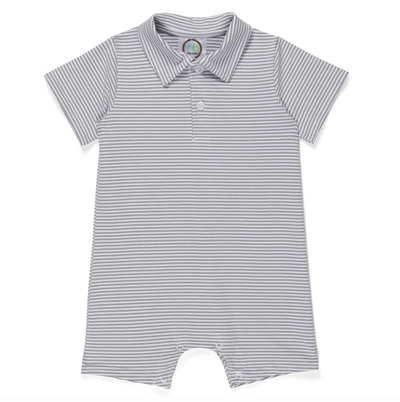 Boy's Short Sleeved Polo Style Collared Romper- Striped