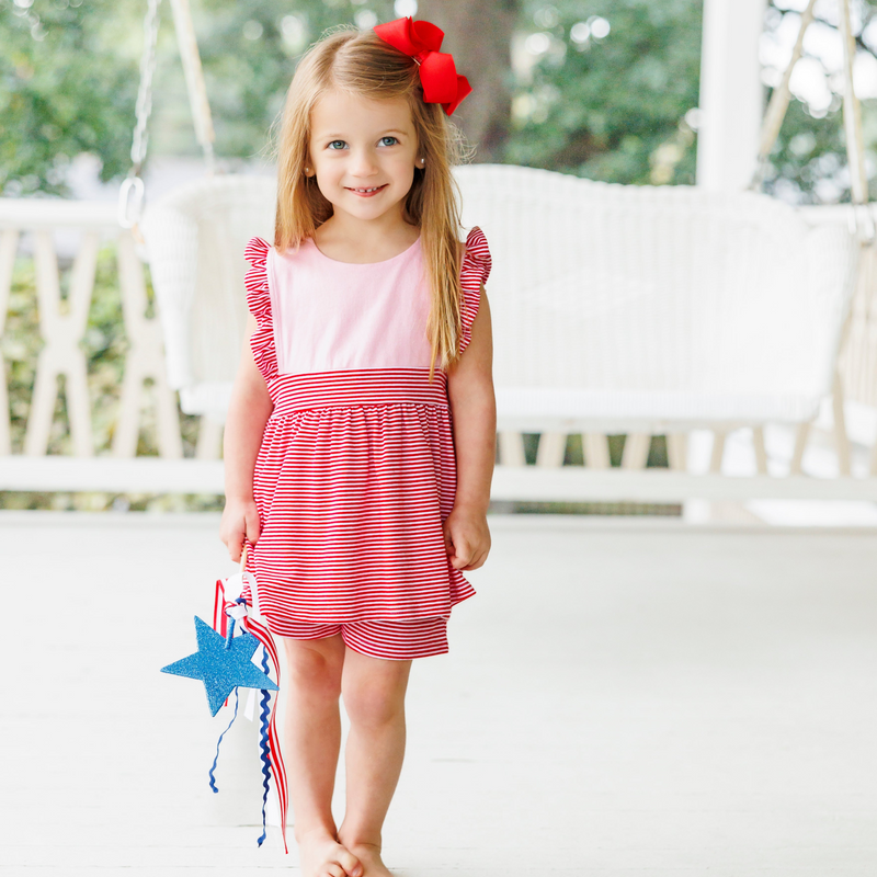 Sophia Short Set- Pink with Red Stripe