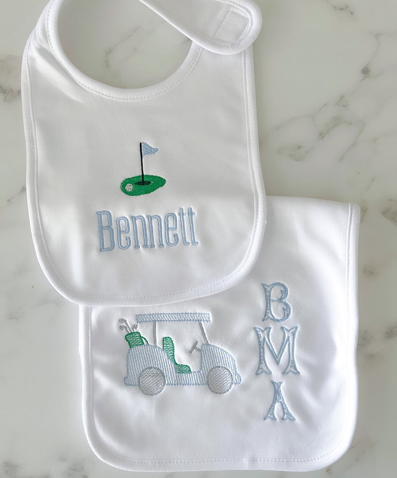 Blue Golfing Bib and Burp Cloth Set